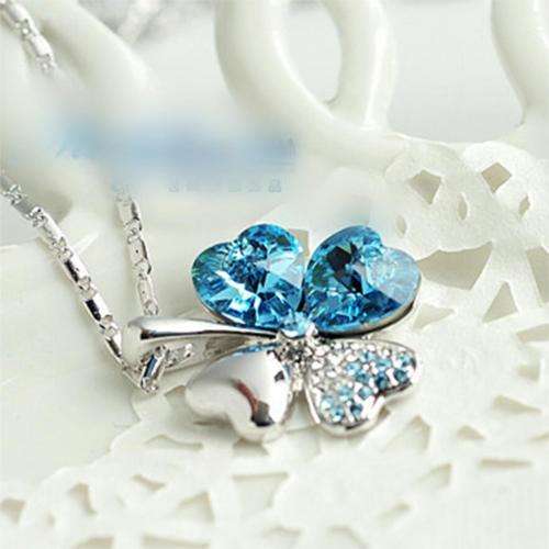EXQUISITE! Ocean Blue Four Leaf Clover Necklace Made With Precision-Cut Crystals - STYLISH DESIGN!