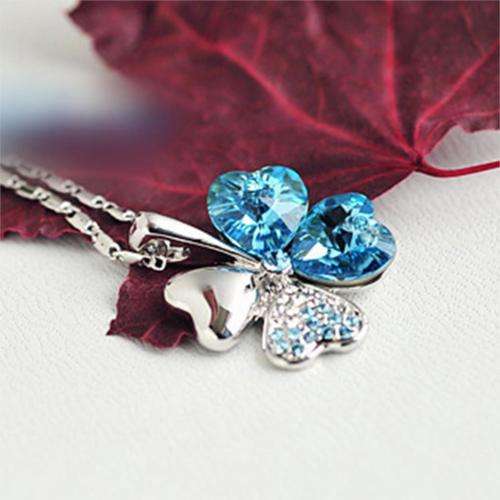 EXQUISITE! Ocean Blue Four Leaf Clover Necklace Made With Precision-Cut Crystals - STYLISH DESIGN!