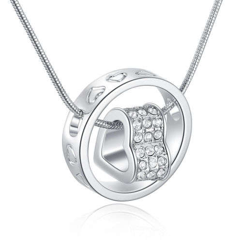 EXQUISITE!! 18K White Gold Plated Heart + Ring Pendant Necklace With Clear Precision-Cut Crystals