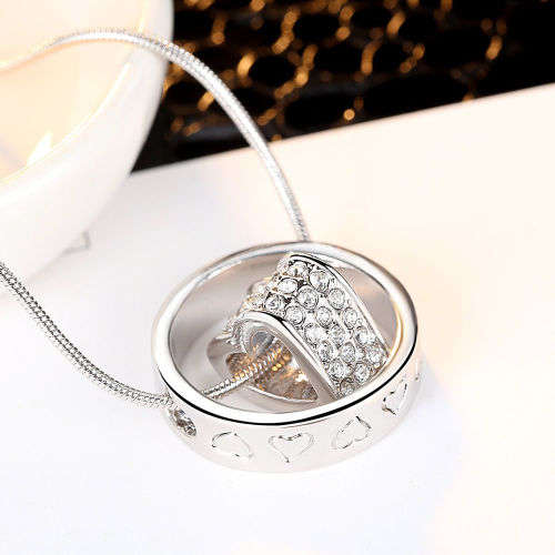 EXQUISITE!! 18K White Gold Plated Heart + Ring Pendant Necklace With Clear Precision-Cut Crystals