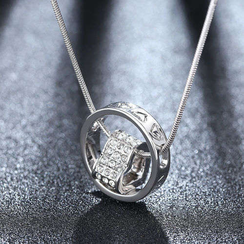 EXQUISITE!! 18K White Gold Plated Heart + Ring Pendant Necklace With Clear Precision-Cut Crystals