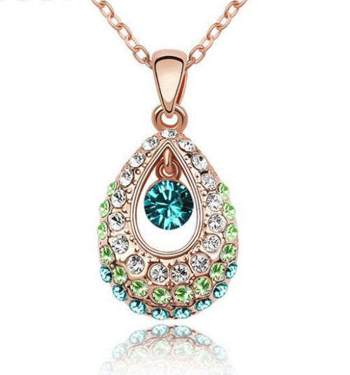 EXQUISITE YELLOW GOLD TONE TEAR DROP NECKLACE - DARK TEAL WITH GREEN AND WHITE