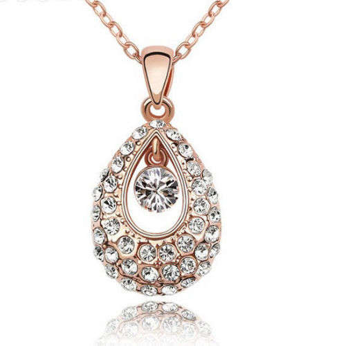 EXQUISITE YELLOW GOLD TONE TEAR DROP NECKLACE WITH WHITE STONES