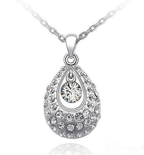 EXQUISITE WHITE GOLD TONE TEAR DROP NECKLACE WITH WHITE STONES