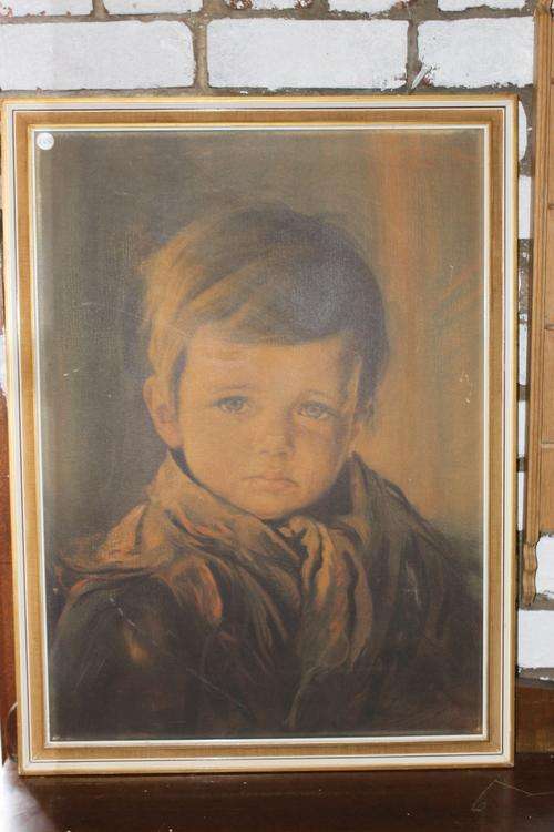 Beautiful Vintage Crying Boy Painting *Framed*