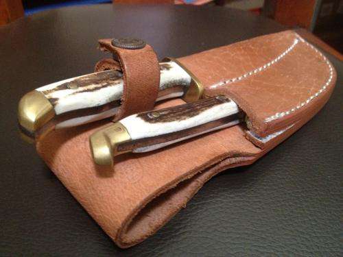 Really Crazy R300 Start!! Fox & Hound Damascus twin set, with Stag handles and leather sheath