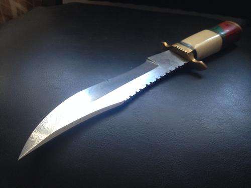 Large Damascus Bowie knife.  Hand made