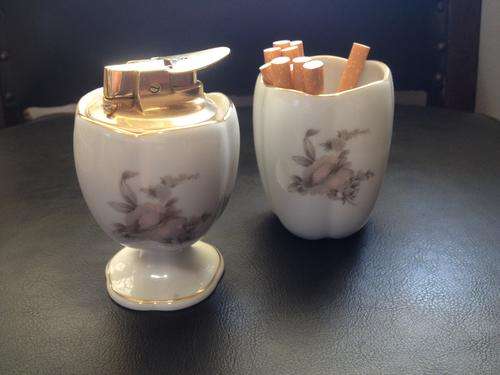 Vintage Rosenthal "Colonial Rose" Ronson Table lighter and cigarette holder set
