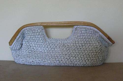 White and Silver Woven bag with wooden handles