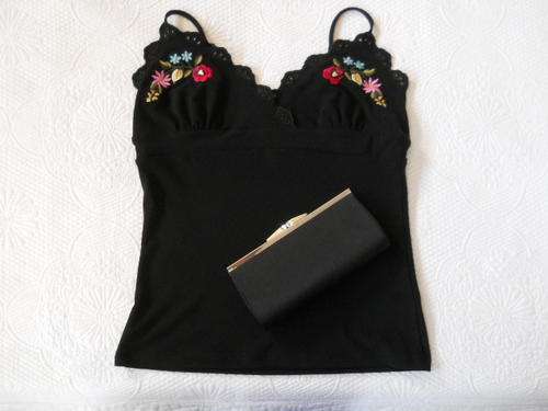 Pretty black floral strappy top, with black satin clutch!! - size 32 ITEM RELISTED