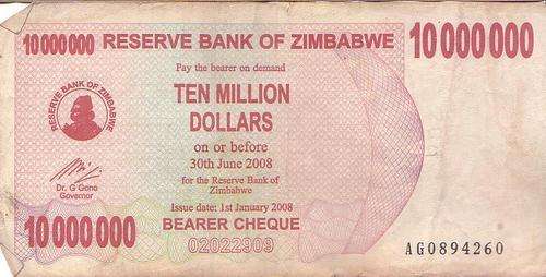 10 Million Zimbabwe Dollar bearer cheque - (c) www.fine999.com