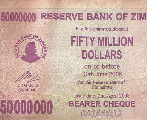 50 Million  Zimbabwe Dollar dollar note/bearer cheque with expiry date