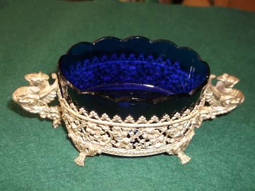 Vintage Gilt Metal Dragon Handled And Filigree Condiment Pot With Blue Glass Liner