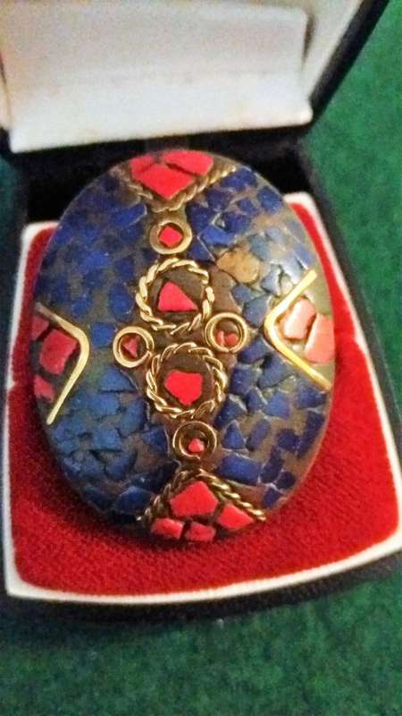 A very Large Costume Brass Coral And Lapis Adjustable Ring