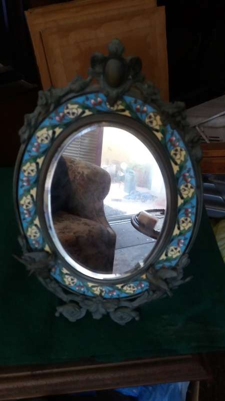 Antique Mid 19thc French Bronze Champleve Enamel Standing Mirror