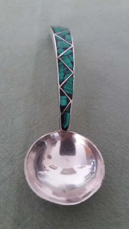 Curved Handle Silver And Malachite Sugar Spoon