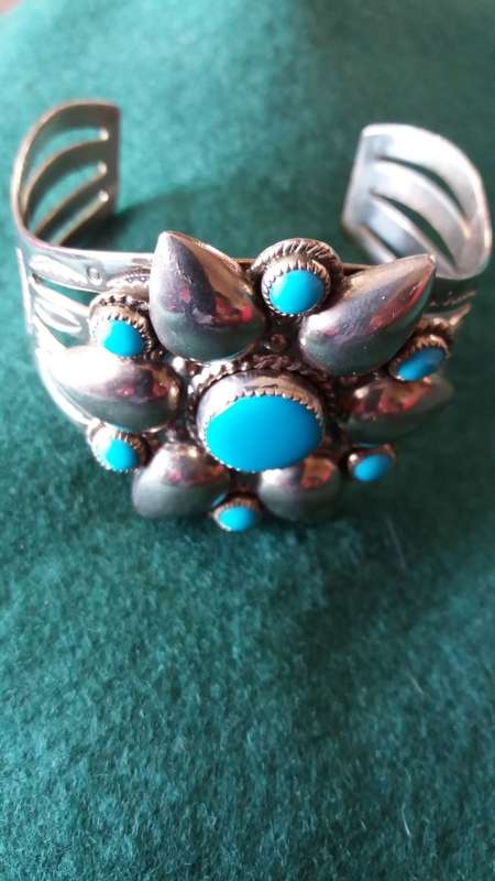 Vintage North American?? Nickel Silver And Blue Stone Cuff Bangle