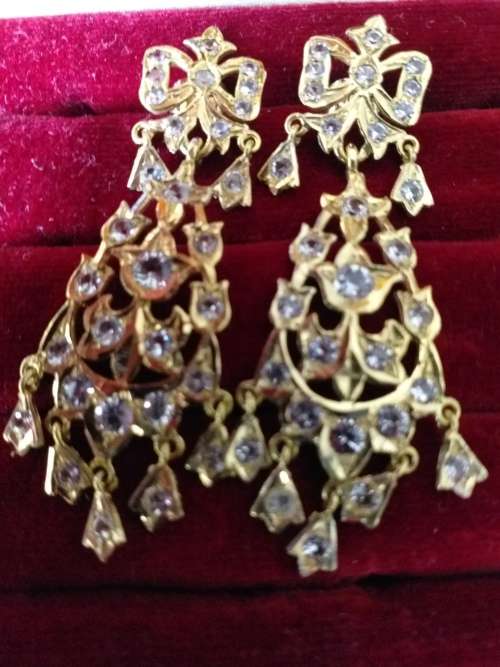 Pair Of Antique 18ct Gold And White Sapphire Chandelier Earrings - (10.2g)