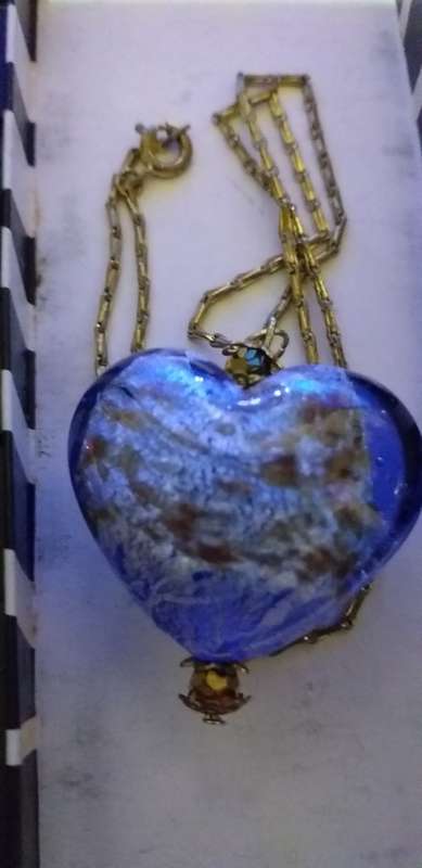 Vintage Blue Murano Heart Pendant And Chain