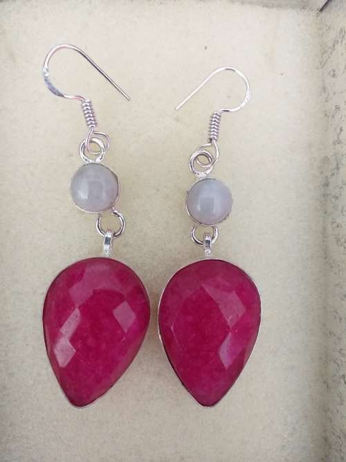 Pair Of Genuine Ruby Quartz And Moonstone Gemstone Dangly Earrings