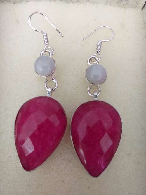 Pair Of Genuine Ruby Quartz And Moonstone Gemstone Dangly Earrings
