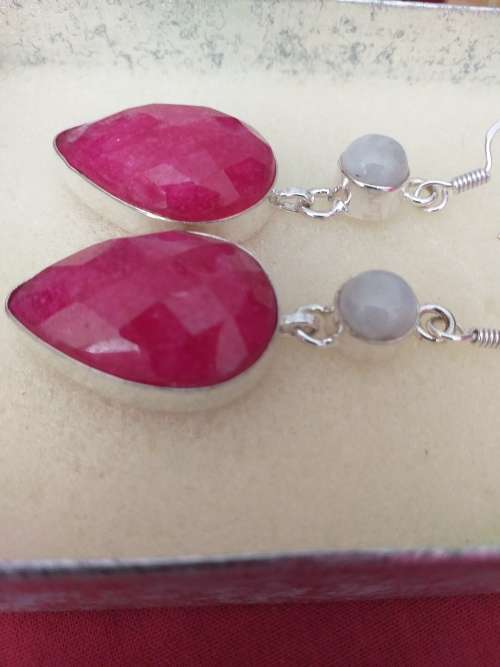 Pair Of Genuine Ruby Quartz And Moonstone Gemstone Dangly Earrings