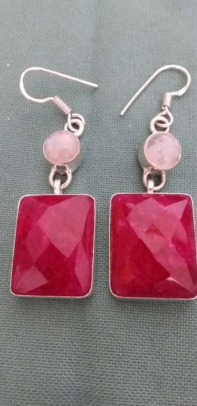 A Pair Of Checkerboard Cut Ruby Quartz And Moonstone Gemstone Earrings