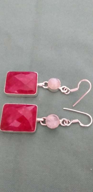 A Pair Of Checkerboard Cut Ruby Quartz And Moonstone Gemstone Earrings