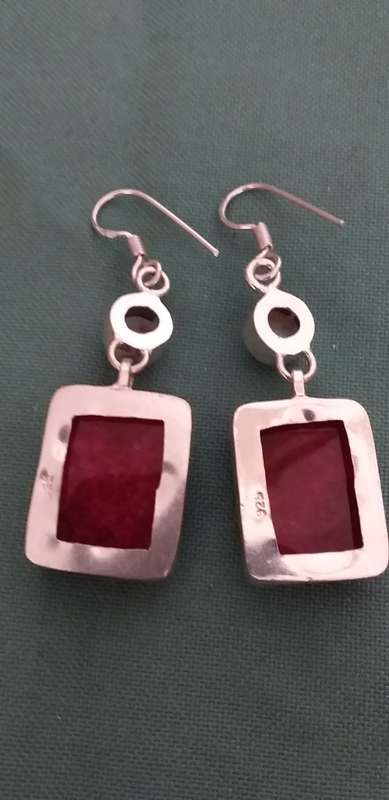 A Pair Of Checkerboard Cut Ruby Quartz And Moonstone Gemstone Earrings