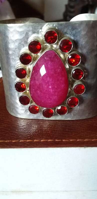 Large Adjustable Genuine Ruby Quartz Gemstone And Red Glass Stones Cuff Bangle