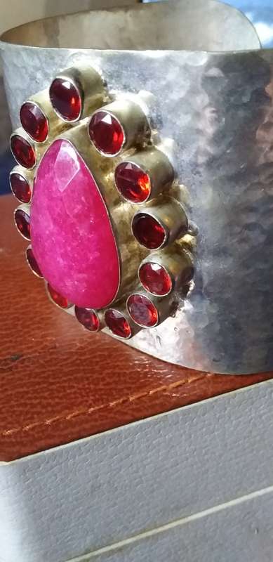 Large Adjustable Genuine Ruby Quartz Gemstone And Red Glass Stones Cuff Bangle
