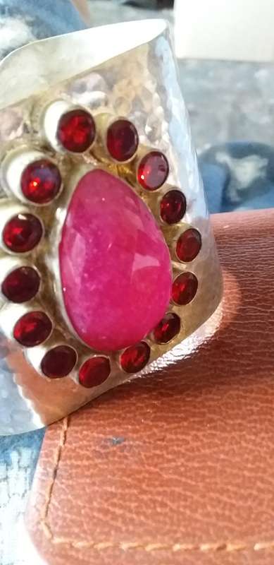 Large Adjustable Genuine Ruby Quartz Gemstone And Red Glass Stones Cuff Bangle