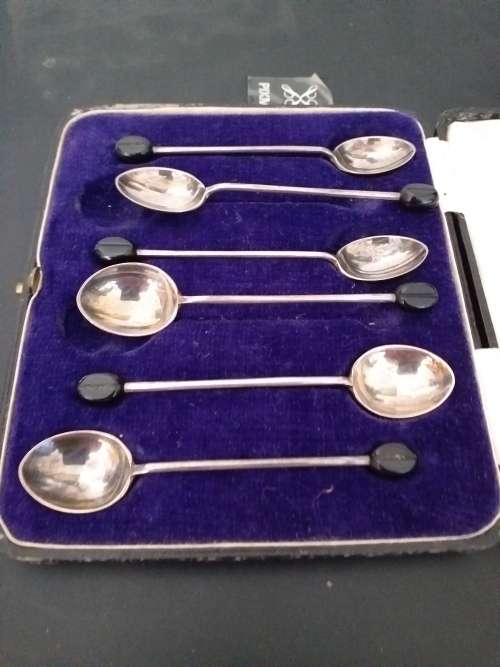 Vintage Boxed Set Of Six Art Deco HM Silver Coffee Bean Spoon - (Sheffield 1930) - (38.1g)