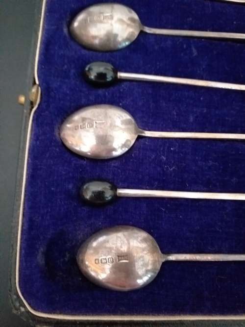Vintage Boxed Set Of Six Art Deco HM Silver Coffee Bean Spoon - (Sheffield 1930) - (38.1g)