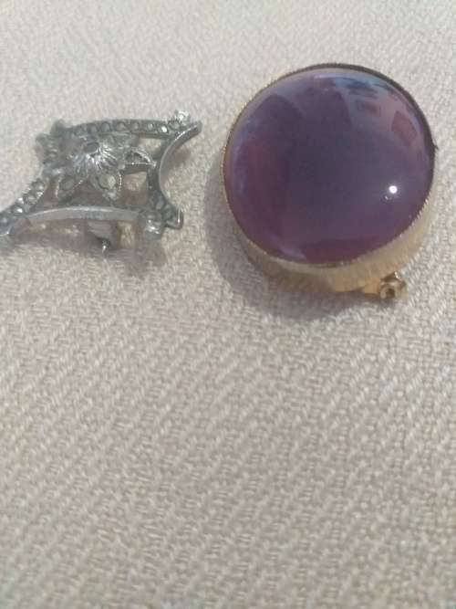 Vintage Sterling Silver Marcasite Brooch And A Purple Stone One - (1Bid for both)