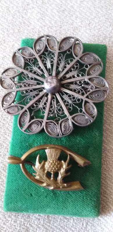 Vintage Silver Filigree Brooch And A Brass Scottish Thistle Brooch - (1 bid)