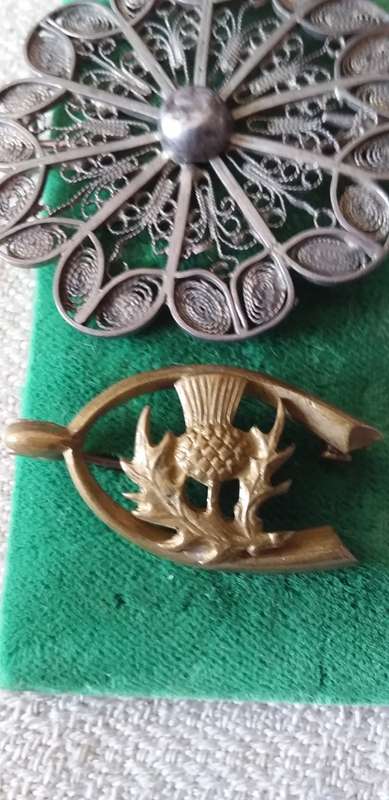 Vintage Silver Filigree Brooch And A Brass Scottish Thistle Brooch - (1 bid)