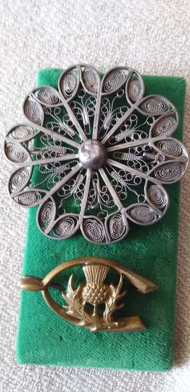 Vintage Silver Filigree Brooch And A Brass Scottish Thistle Brooch - (1 bid)