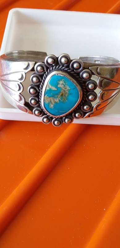 Vintage Native American Sterling Silver And Turquoise Cuff Bangle - (Signed) (58.7g)