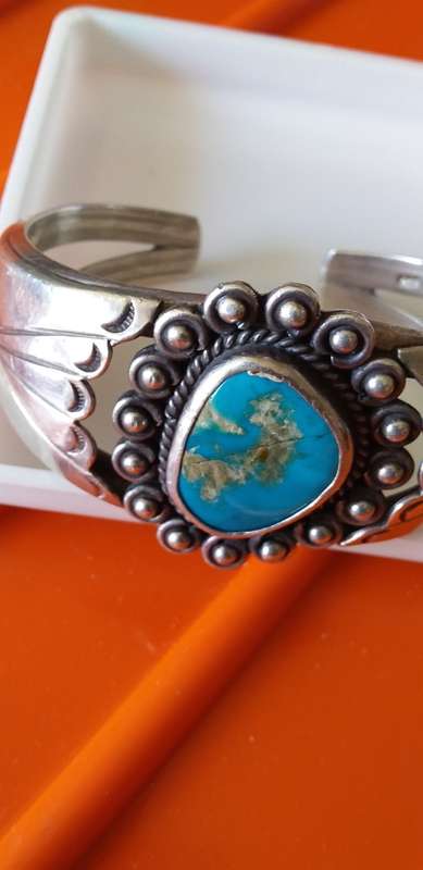 Vintage Native American Sterling Silver And Turquoise Cuff Bangle - (Signed) (58.7g)