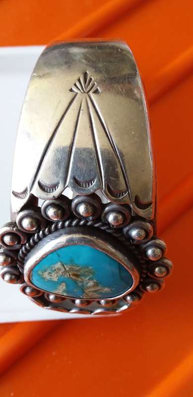 Vintage Native American Sterling Silver And Turquoise Cuff Bangle - (Signed) (58.7g)
