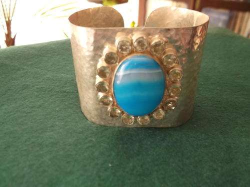 Large Silver Plated And Agate Cuff Bangle