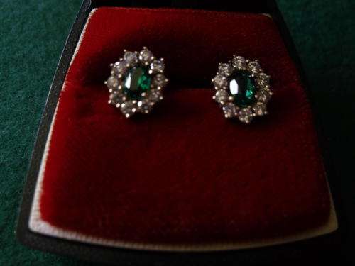 A Pair Of 9ct Gold And Green And White Cz Earrings