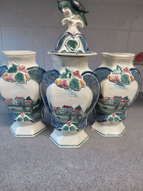 Rare Antique 18thc-19thc Three Piece Dutch Delft Polychrome Garniture Set -