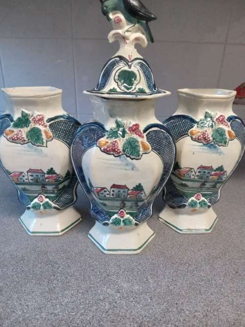 Rare Antique 18thc-19thc Three Piece Dutch Delft Polychrome Garniture Set -