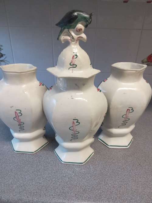 Rare Antique 18thc-19thc Three Piece Dutch Delft Polychrome Garniture Set -