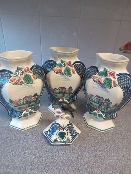 Rare Antique 18thc-19thc Three Piece Dutch Delft Polychrome Garniture Set -