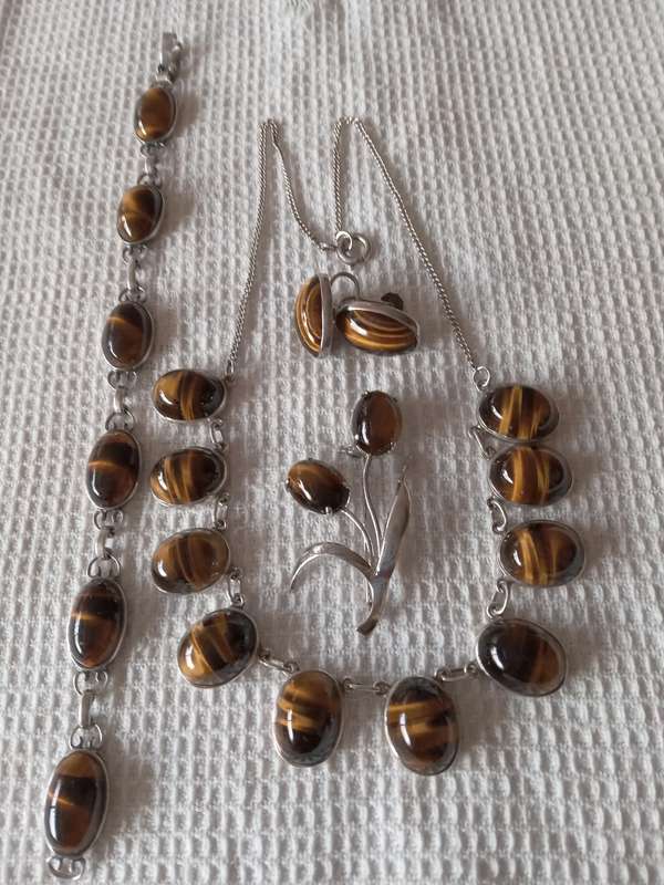A Set Of Vintage Sterling Silver And Tiger's Eye Items
