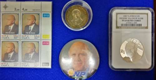 Mandela and De Klerk. Collection of coins, ballot paper, first day covers etc.