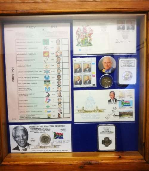 Mandela and De Klerk. Collection of coins, ballot paper, first day covers etc.